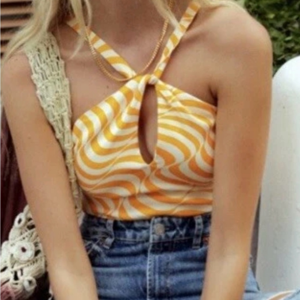 Zara Halter Neck Satin Effect Print Crop Top in white and orange